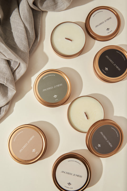 3 BRUSHED GOLD METAL TRAVEL CANDLE SET