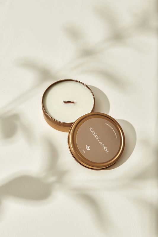 AURA 100G BRUSHED GOLD METAL TRAVEL CANDLE