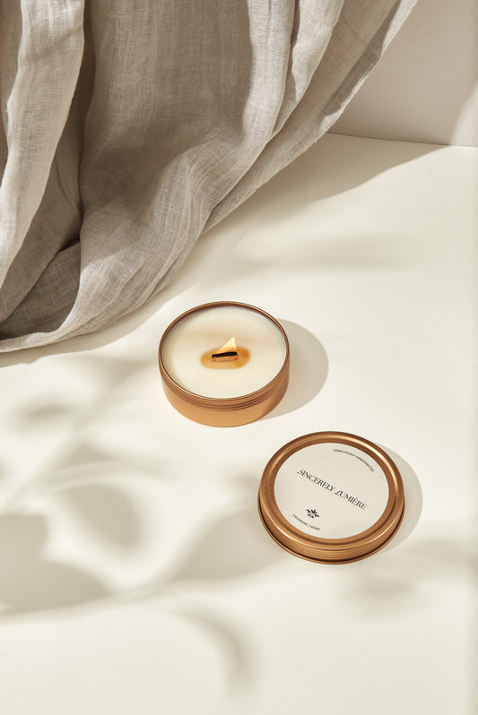 CASHMERE CRÈME 100G BRUSHED GOLD METAL TRAVEL CANDLE